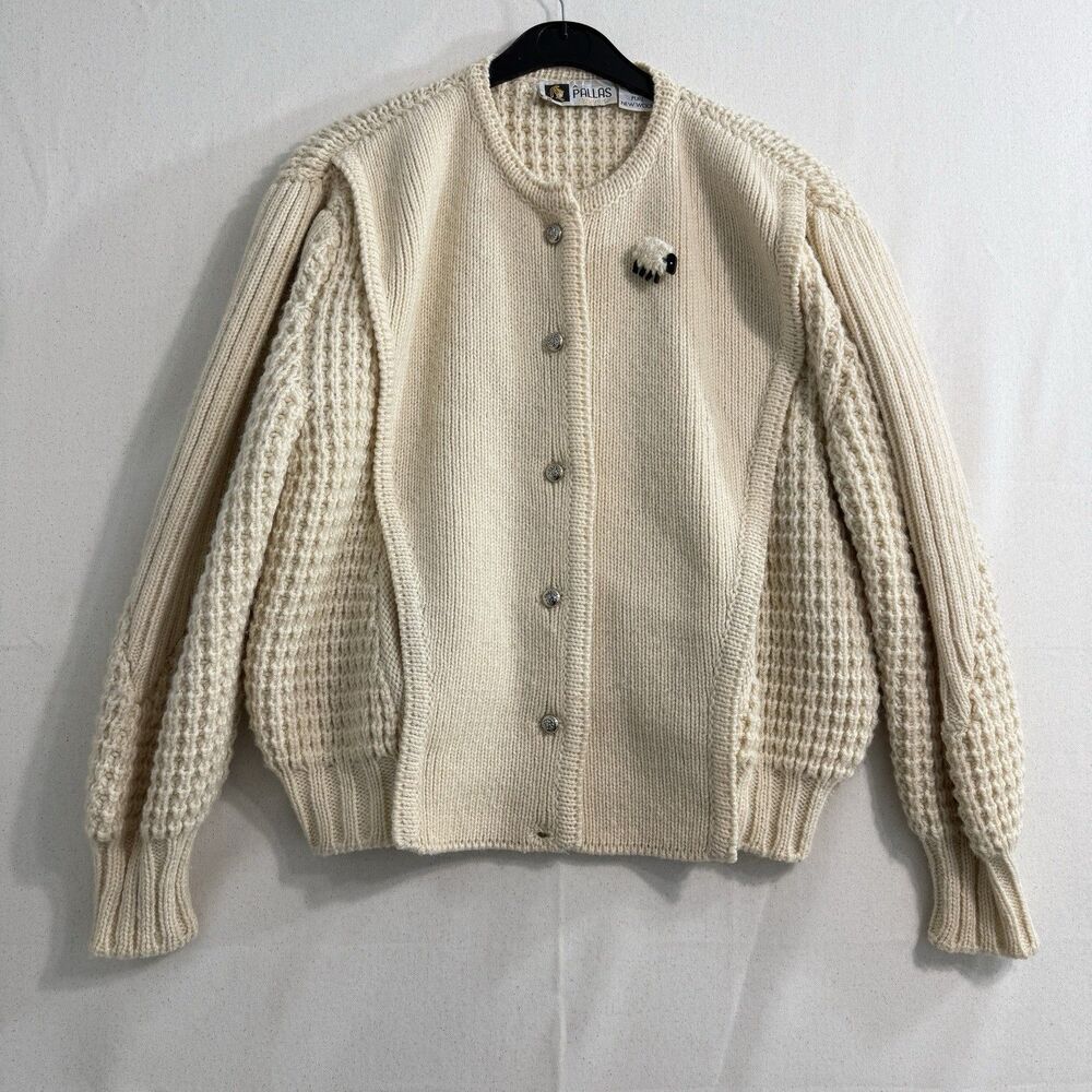 Pallas Hand Loomed Wool Sweater Womens Medium Chunky Knit Heavy Cardigan Cream